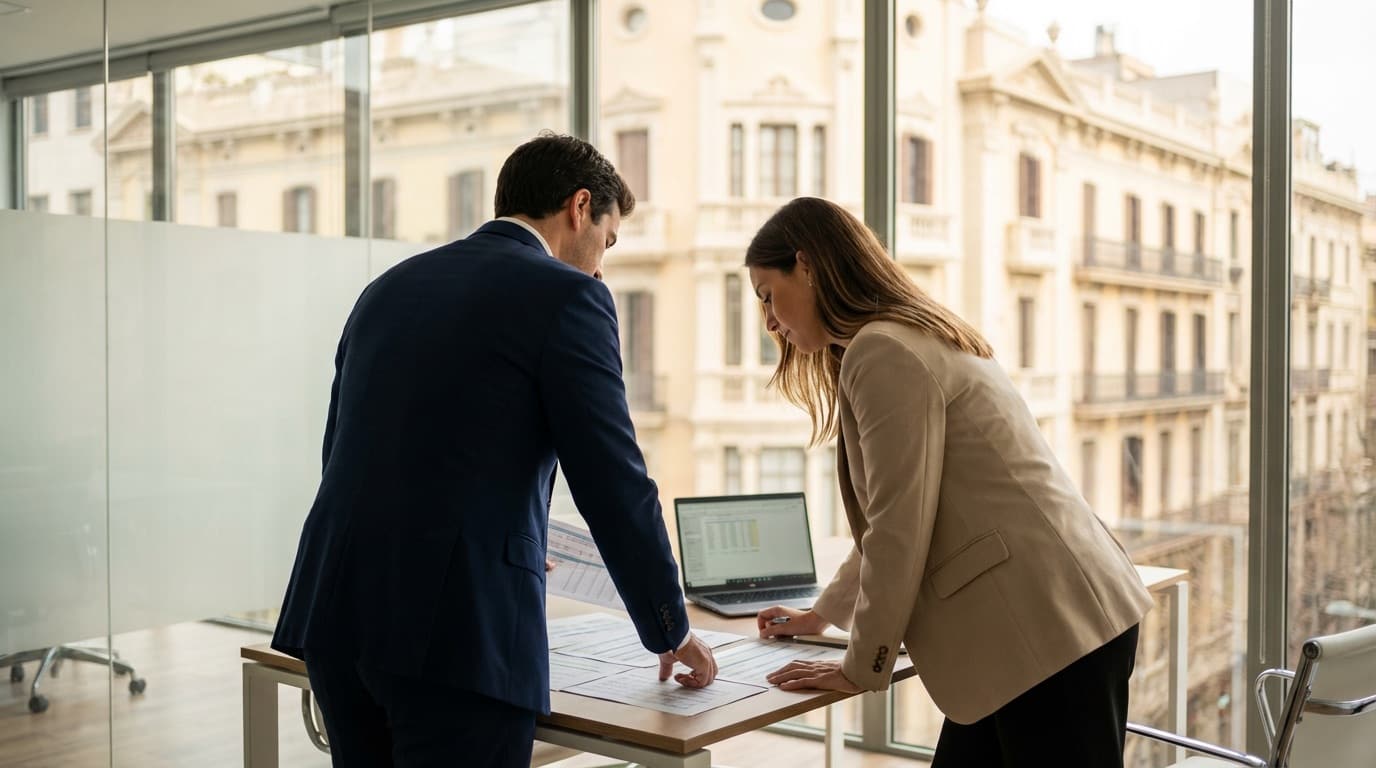 Asesor fiscal en Barcelona revisando documentación con un cliente en despacho