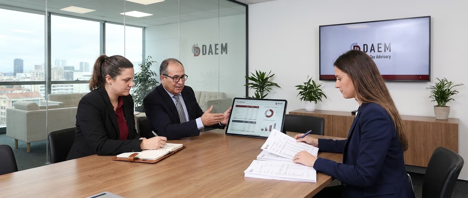 empresarios reunidos con una asesoría fiscal en Barcelona revisando impuestos de la empresa