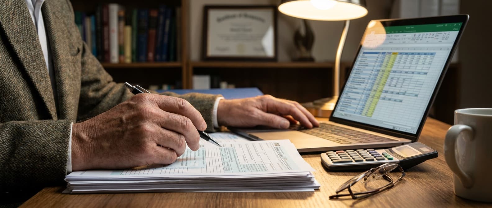 asesor fiscal revisando documentos y modelos de impuestos de una empresa en su despacho