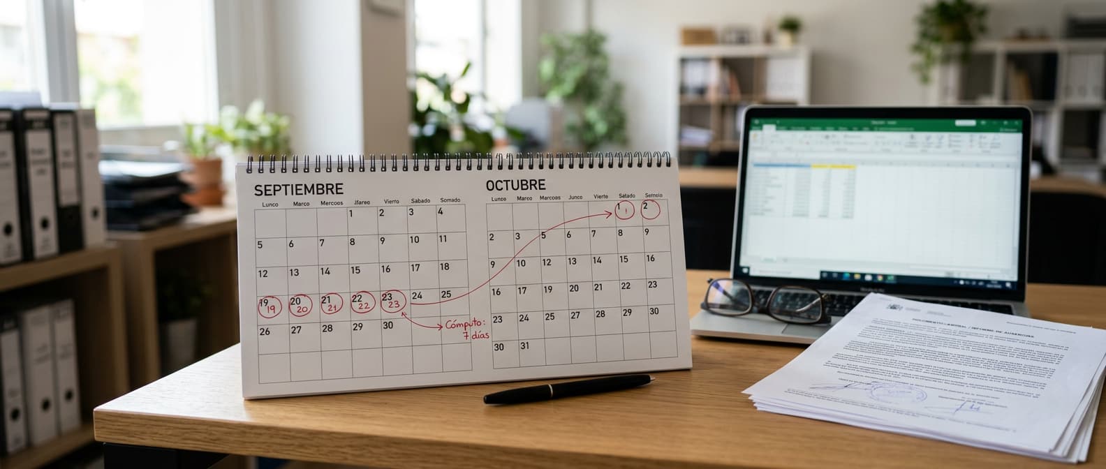 Calendario laboral con faltas de asistencia marcadas para explicar el cómputo de fecha a fecha